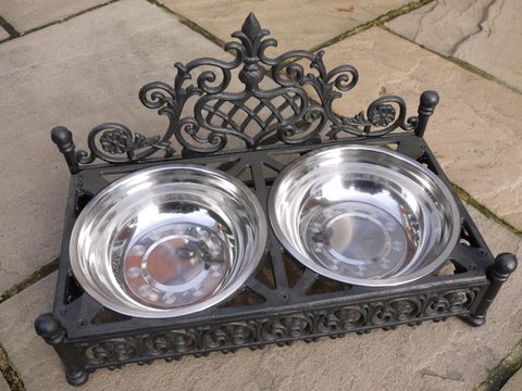 Beautiful ornate large cast iron dog bowl